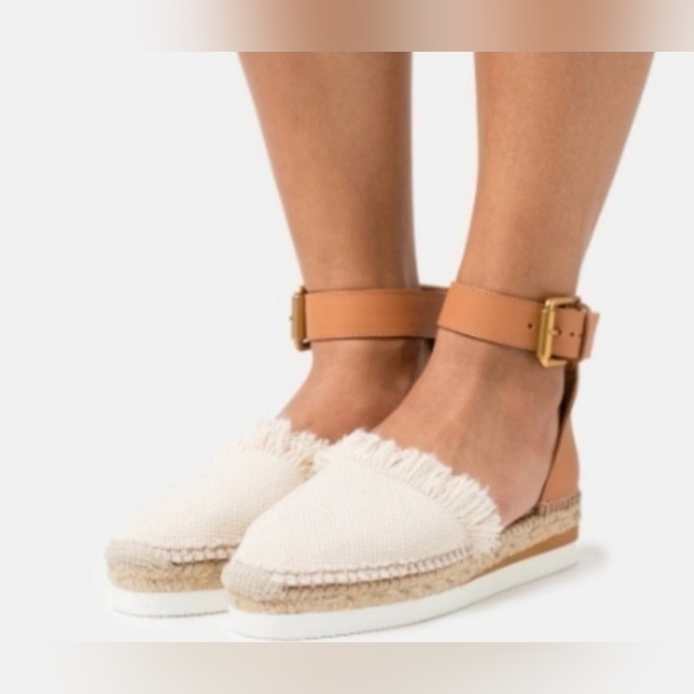 NWOB See by Chloe Latte Canvas Ankle-Strap Platform Espadrille Sandals Size 11